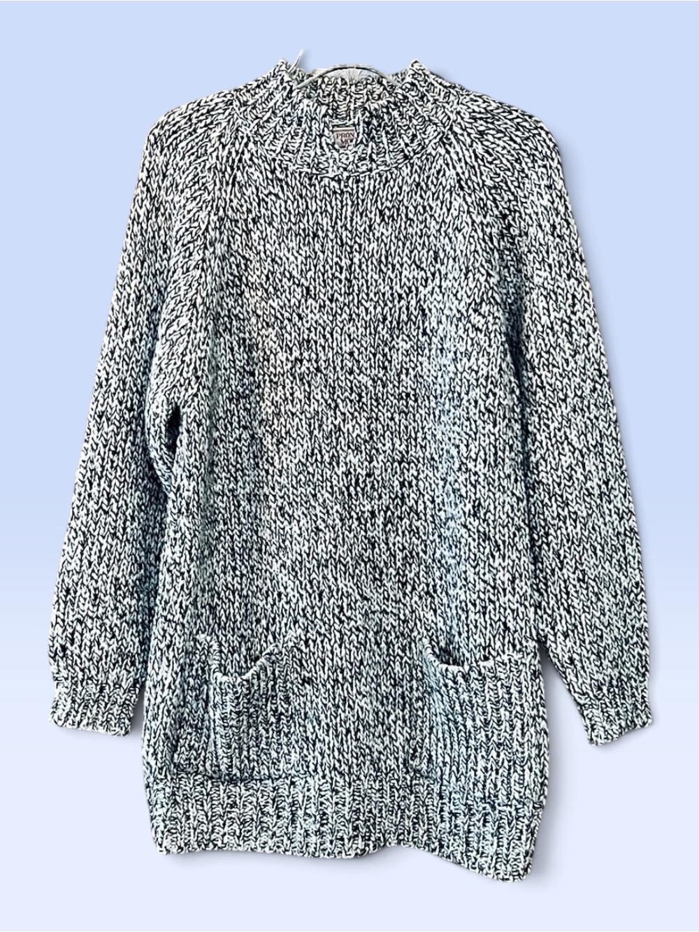VTG Pronto Moda Black White Marled Knit Sweater Sz L Mock Neck Raglan Sleeves